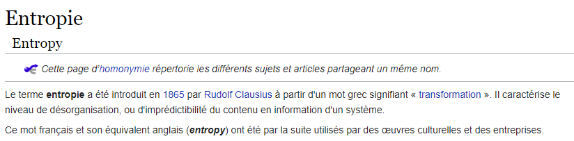 Définition de l'entropie selon Wikipédia